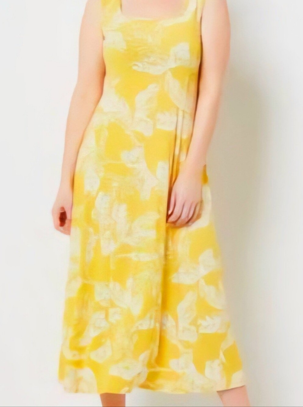 Susan Graver Liquid Knit Midi Dress PXL Square Neck Yellow Gold Palm Fit & Flare